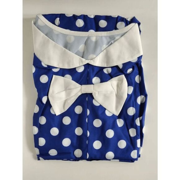 💙 NEW Pinup Retro 1950s Shawl Collar Bow Back Blue Polka Dot Tea Dress SIZE XL - Picture 5 of 16